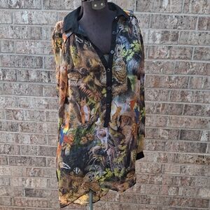 Yumi 6/8 Colorful Forest Gothica Style Print Button-Up Sheer TUNIC Shirt